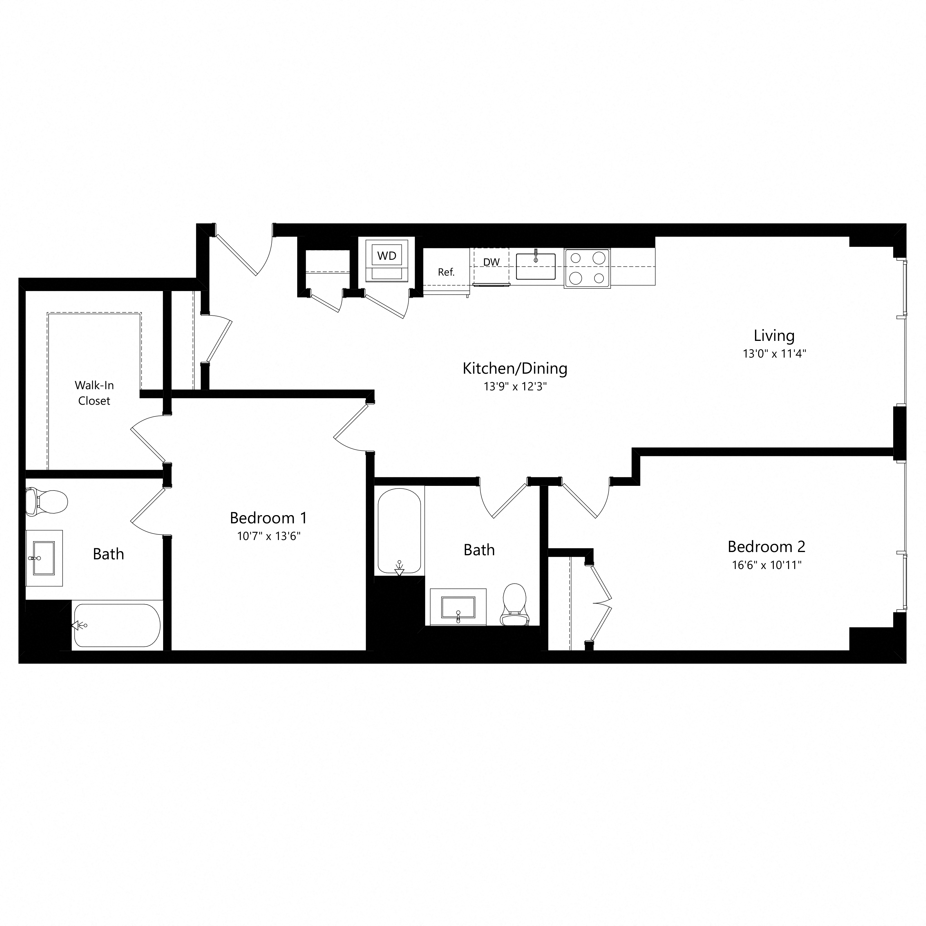 Floor plan for 2 beds, 2 baths, 1064 sqft